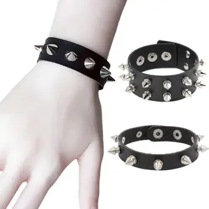 Unisex Gothic Studded Bracelet Pu Leather Adjustable Black Wristband Rock Punk Cuff Bangle