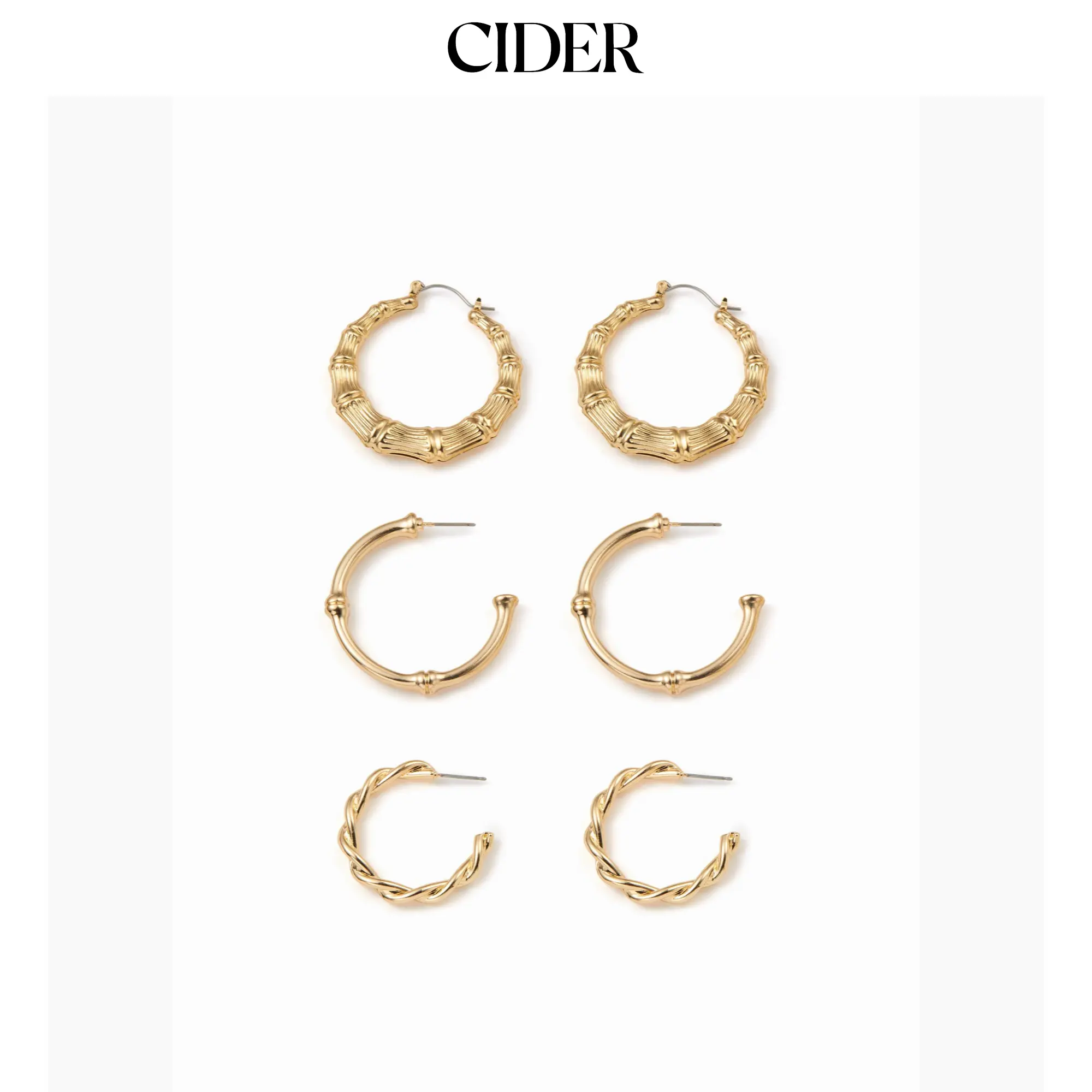 Cider 3 PAIRS BAMBOO TUBE & TWISTED HOOP EARRINGS SET