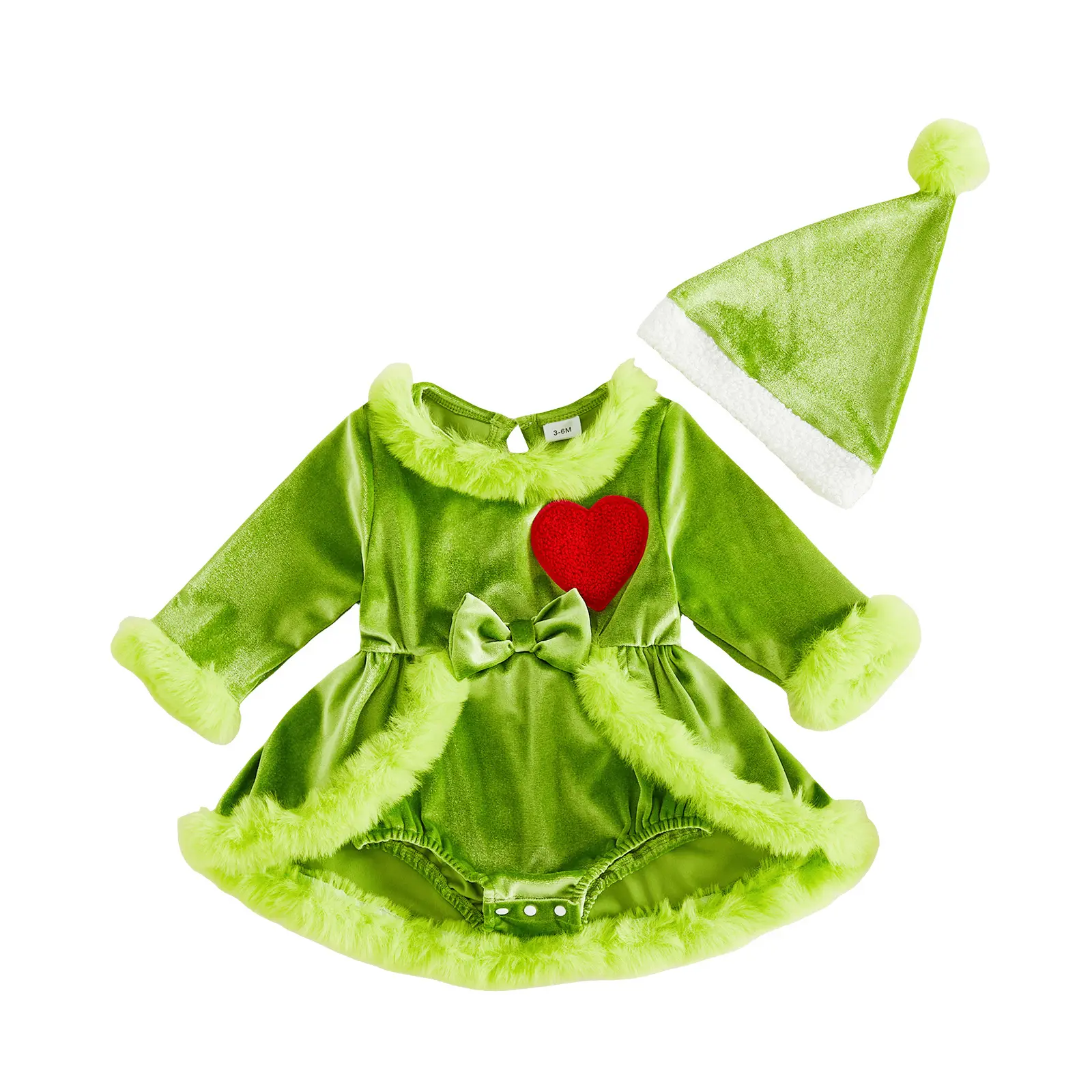 REDWOON Infant Baby Girl Christmas Costume Velvet Fuzzy Trim Long Sleeve Bubble Dress and Elf Hat 2Pcs Green Monster Cosplay Outfit