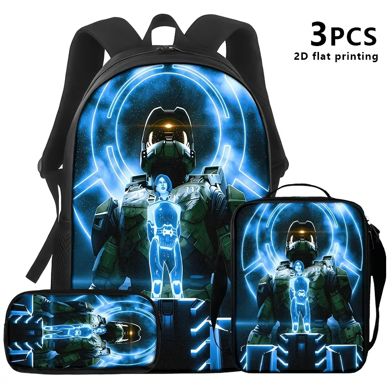 3pcs Outdoor Functional Shoulder Bag Set - Futuristic Backpack with Shell, Oxford Cloth, Zip Closure, Sci-Fi Motif, Blue-Light Accents, Helmeted Warrior & Floating Glowing Humanoid Design, Adjustable Padded Shoulder Strap for Campus Life, Casual Fashion