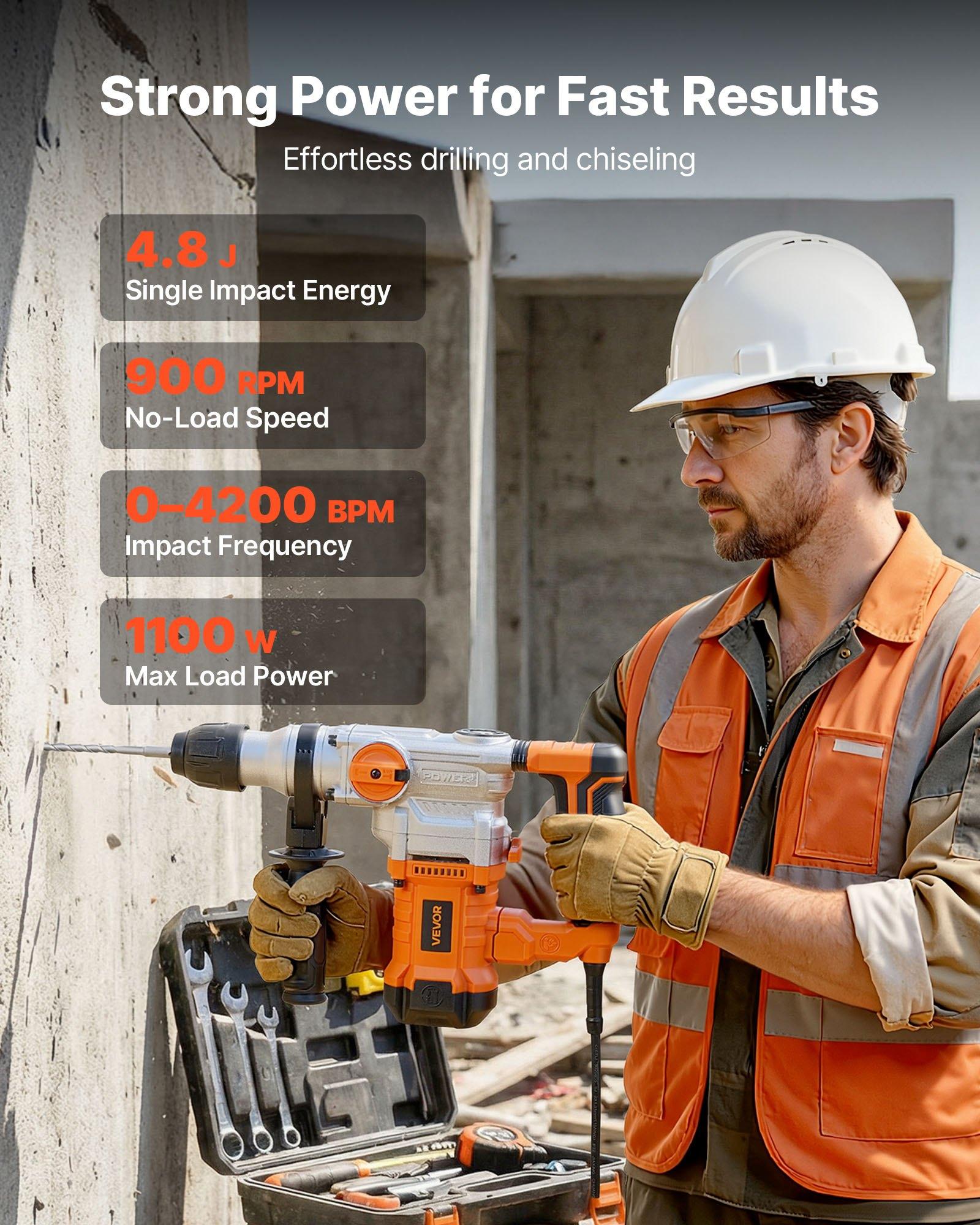 VEVOR Rotary Hammer Drill, 1-1/8 in SDS-Plus Electric Corded Heavy Duty Rotary Hammer, Including 3 Drill Bits, Flat Chisel, Pointed Chisel, Grease, Brush, and Carrying Case, for Concrete and Masonry VEVOR Rotary Hammer Drill, 1-1/8 in SDS-Plus Electric Corded Heavy Duty Rotary Hammer, Including 3 Drill Bits, Flat Chisel, Pointed Chisel, Grease, Brush, and Carrying Case, for Concrete and Masonry