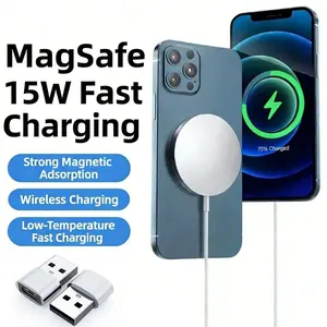 15W Desktop Magnetic Wireless Charger + USB-A Male to Type-C Female Adapter Set. Fast wireless charging compatible with iPhone 17/16/15/14/13/12 Pro Max, all iPad models, Samsung S24/S23, Huawei Mate 60/50, and AirPods. Suitable for dormitories, offices,