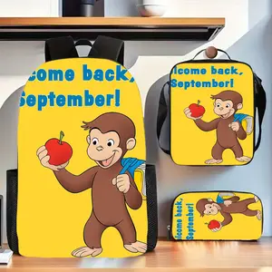 Curious George yellow apple letter print backpack three-piece set, durable Oxford backpack with lunch bag and pencil case for daily use and short trips