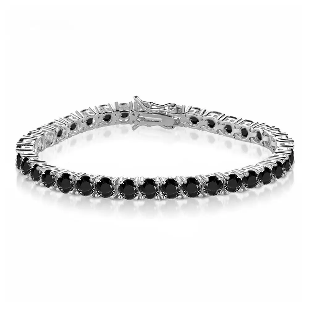 Black Tennis Bracelet for Men & Women, Round Cut Black Cubic Zirconia Tennis Bracelet, Silver Tone Iced Out Chain Bracelet with Box Clasp, Hip Hop Gothic Jewelry, Birthday Gift for Him & Her