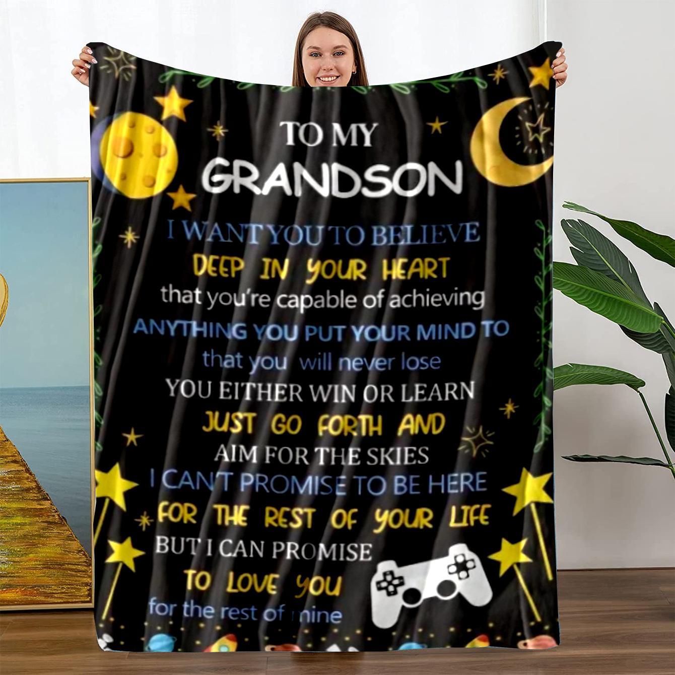 Letter To Grandson Pattern Flannel Blanket, Custom Flannel Blanket, 1 Count Soft Warm Throw Blanket, Air-conditioned Room Blanket, Warm Nap Blanket for Home Office Travel, Slogan Print Blanket, Inspirational Blanket