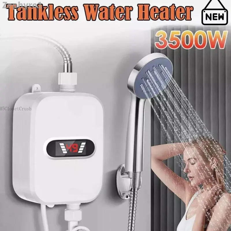 Electric Tankless Water Heater - 3500W 110V Instant Hot Water Heater with Handheld Shower Head, Hose Set, LED Touch Screen Switch, Adjustable Temperature for Bathroom, Kitchen - White Zephyro Pulse Trail 5H5 Closet Crush