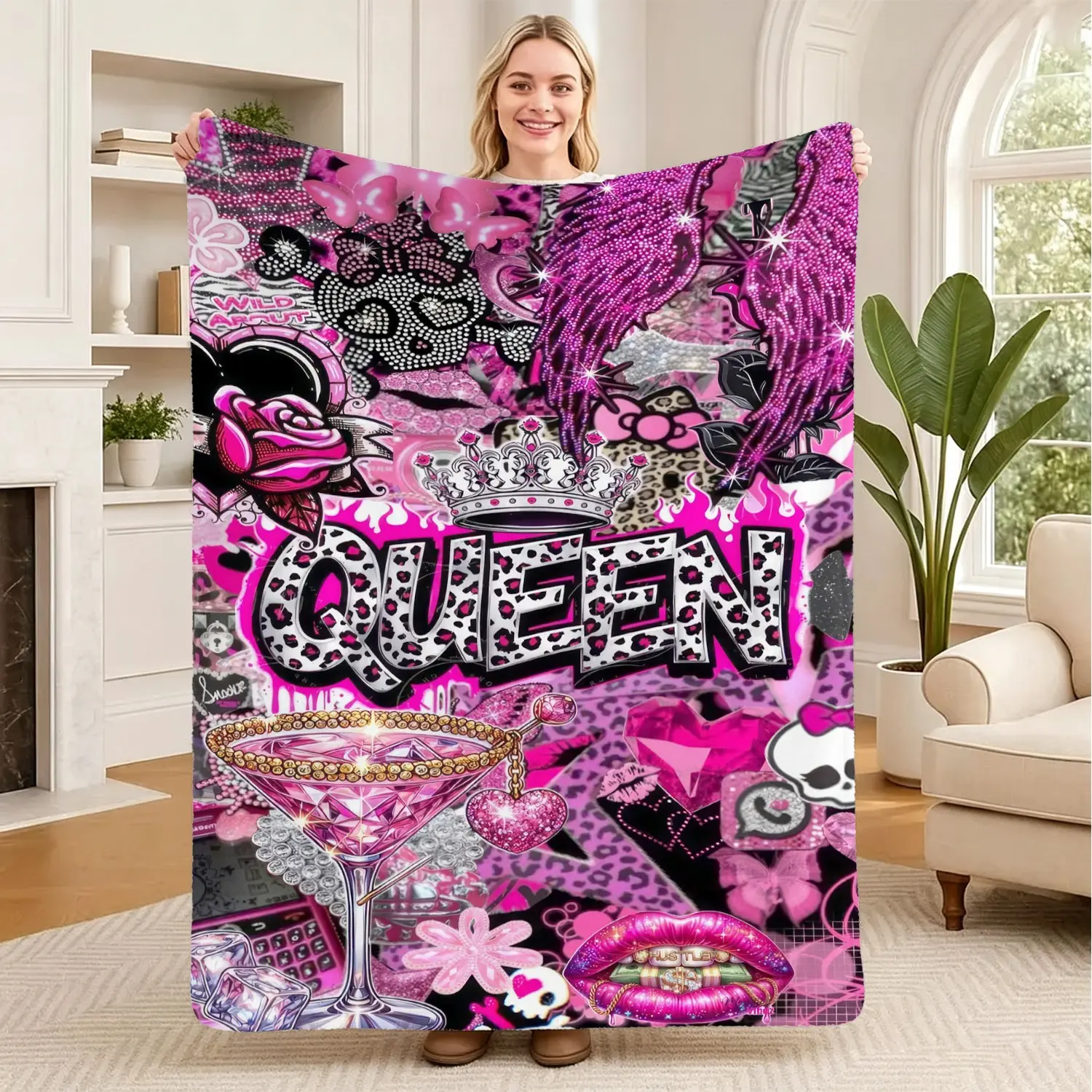 Pink Queen Aesthetic Blanket, Trendy Y2k Style Pattern Throw Blanket, Soft Fluffy Flannel Blanket, Cozy Bedding Decor, Perfect For Home Lounging, Camping, Travel, And Office Nap,Lightweight And Comfortable Multi-Functional Decor Blanket