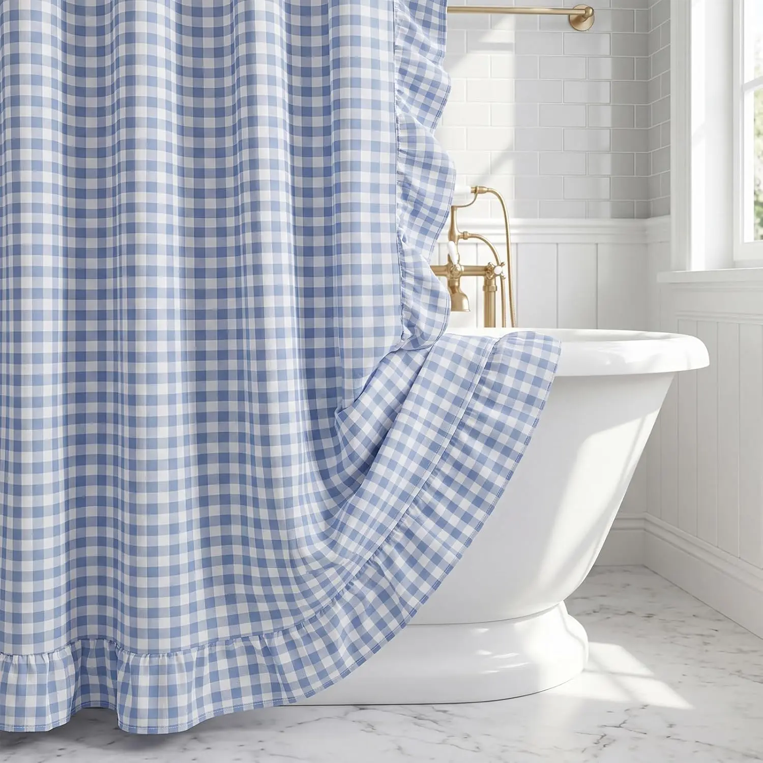 72x72 In Cotton Gingham Ruffled Shower Curtain, Blue White Check with Ruffle Edge, Vintage Country Style Washable Fabric Bath Decor for Farmhouse Bathroom, Easy Iron & Installation