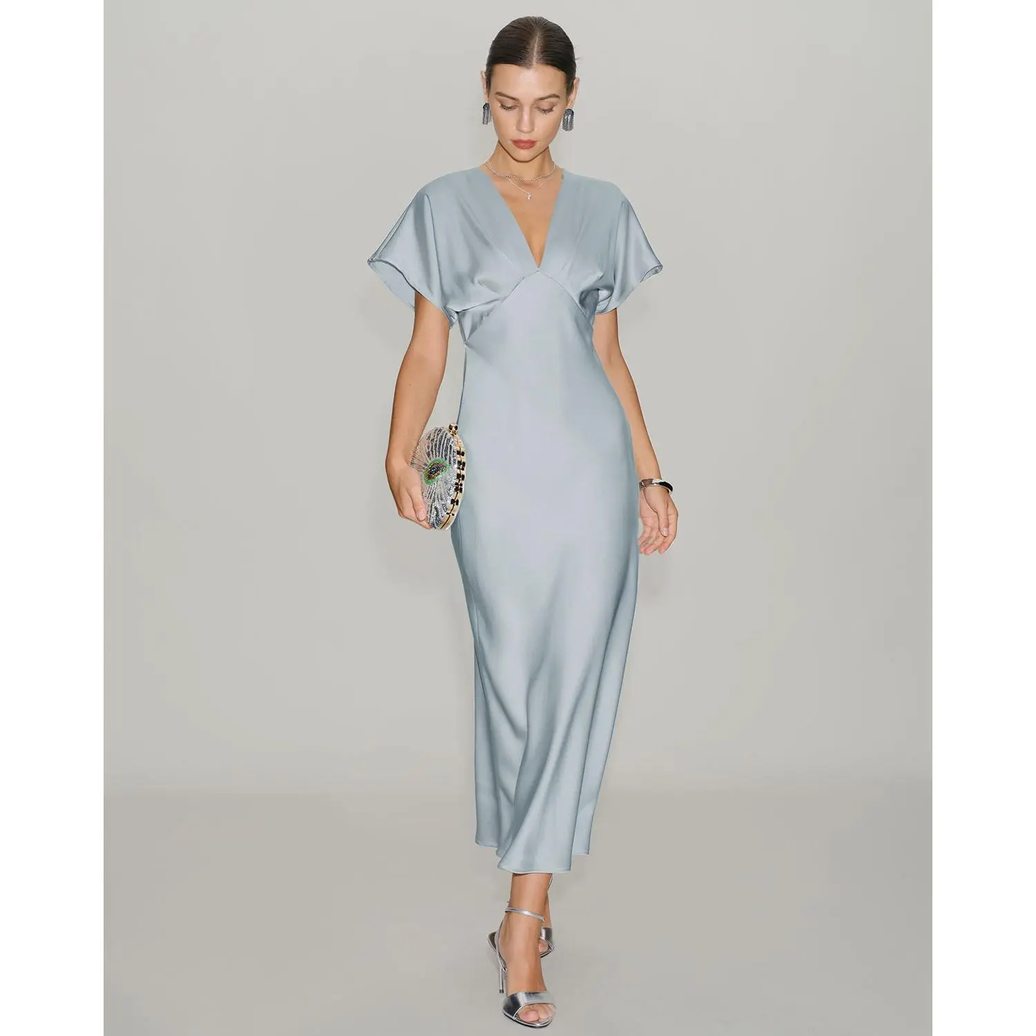 Blue V Neck Cowl Sleeve Satin Midi Dress