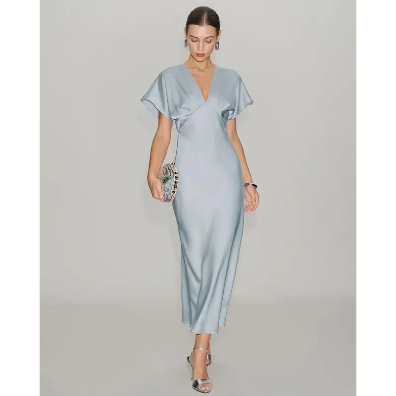 RIHOAS Women's Solid Blue V-Neck Cowl-Sleeve Polyester Satin Pleated Midi Tunic Dress - Elegant, Classy Lady's Cocktail & Prom Wear