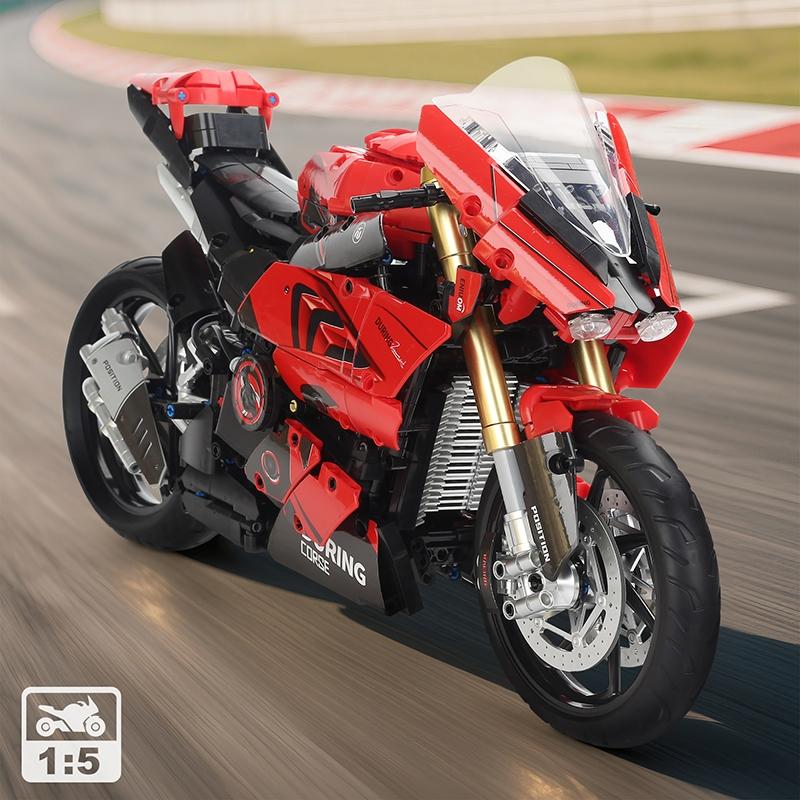 2000+pcs Red V4S Motorcycle Building Kit, DIY Model Kit, 1:5 Scale Large Racing Model Set, Perfect Gift for Motorbike Enthusiasts, Youth & Adults