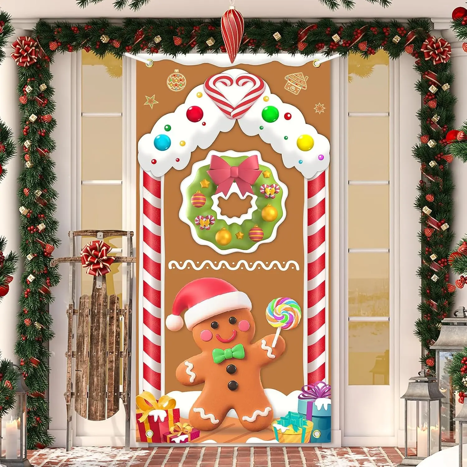 2D Flat Banner Door Cover, Christmas Gingerbread Man Decoration, Large Photography Background, Indoor Outdoor Winter Party Supplies