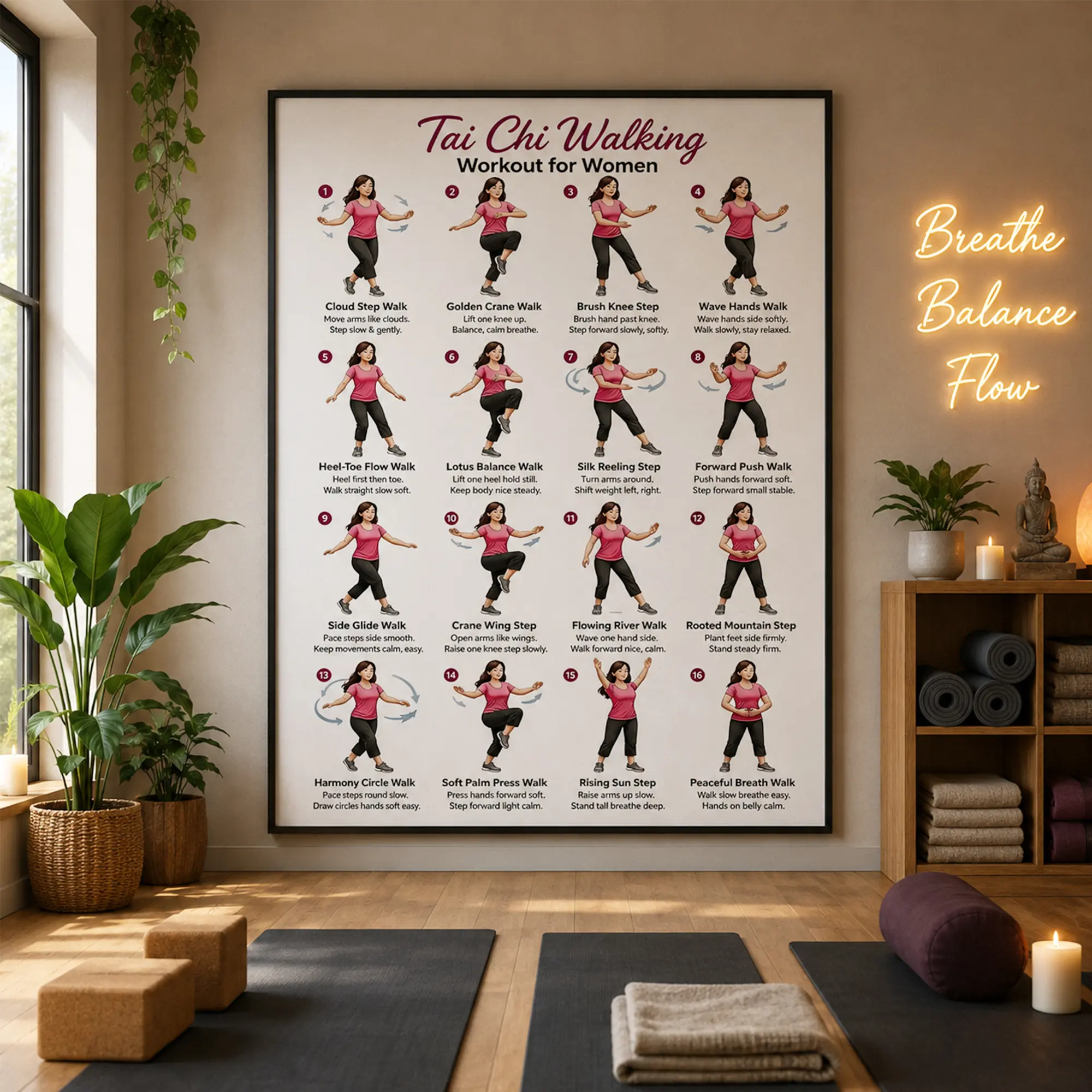Tai Chi Walking Exercise Poster For Women, Mindfulness Qigong Workout Chart And Stretching Guide For Home Gym, Senior Fitness Wall Art, Wellness Decor, Fitness Chart
