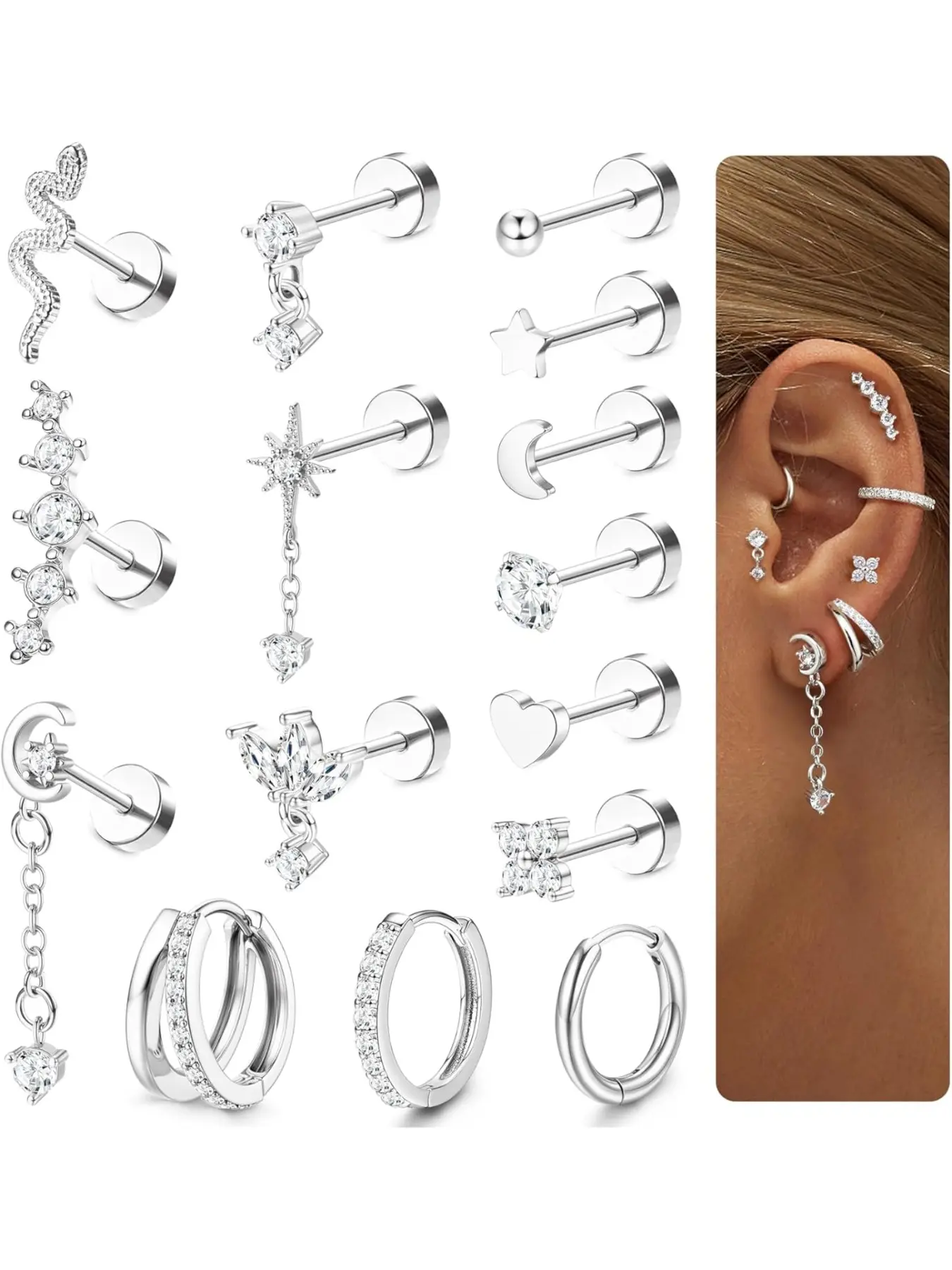 15 Pcs Helix Piercing Jewellery Steel Flat Back Earrings for Women Forward Helix Stud Hoop Earrings Cartilage Earrings Silver Gold Daith Tragus Rook Conch Piercing Jewellery
