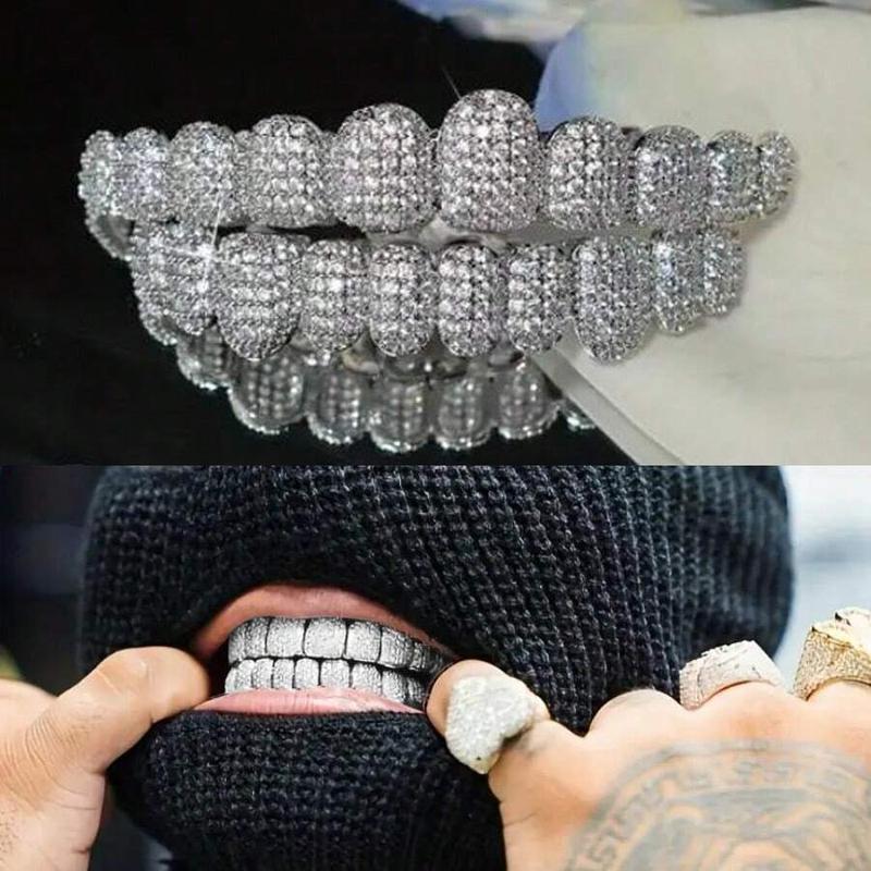 Iced Out Hip Hop Grillz - 18K Gold Plated 10-Tooth Full Set, Luxury Dental Jewelry for Rappers and Party Vibe Oral Retainer Brace