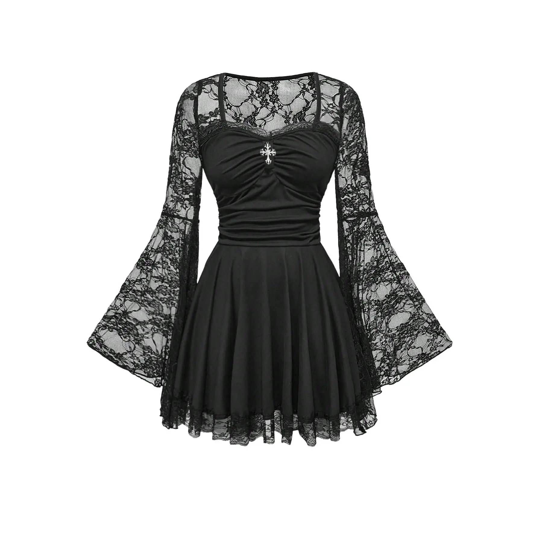 Women's Vintage Fabric Casual Wear Gothic Cross Short A-Line Dress - Comfortable Grunge Punk Renaissance Lace Bell Long Sleeves, Ruched Flared Design, Longsleeves