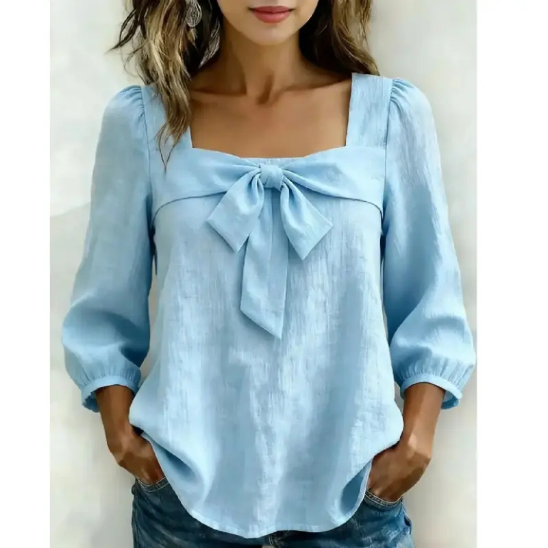 French Square Neck Bow Bubble Sleeve Shirt Blouse for Women, Unique Design Aesthetic Soft Style Three-Quarter Sleeve Top, Elegant and Chic Fashion