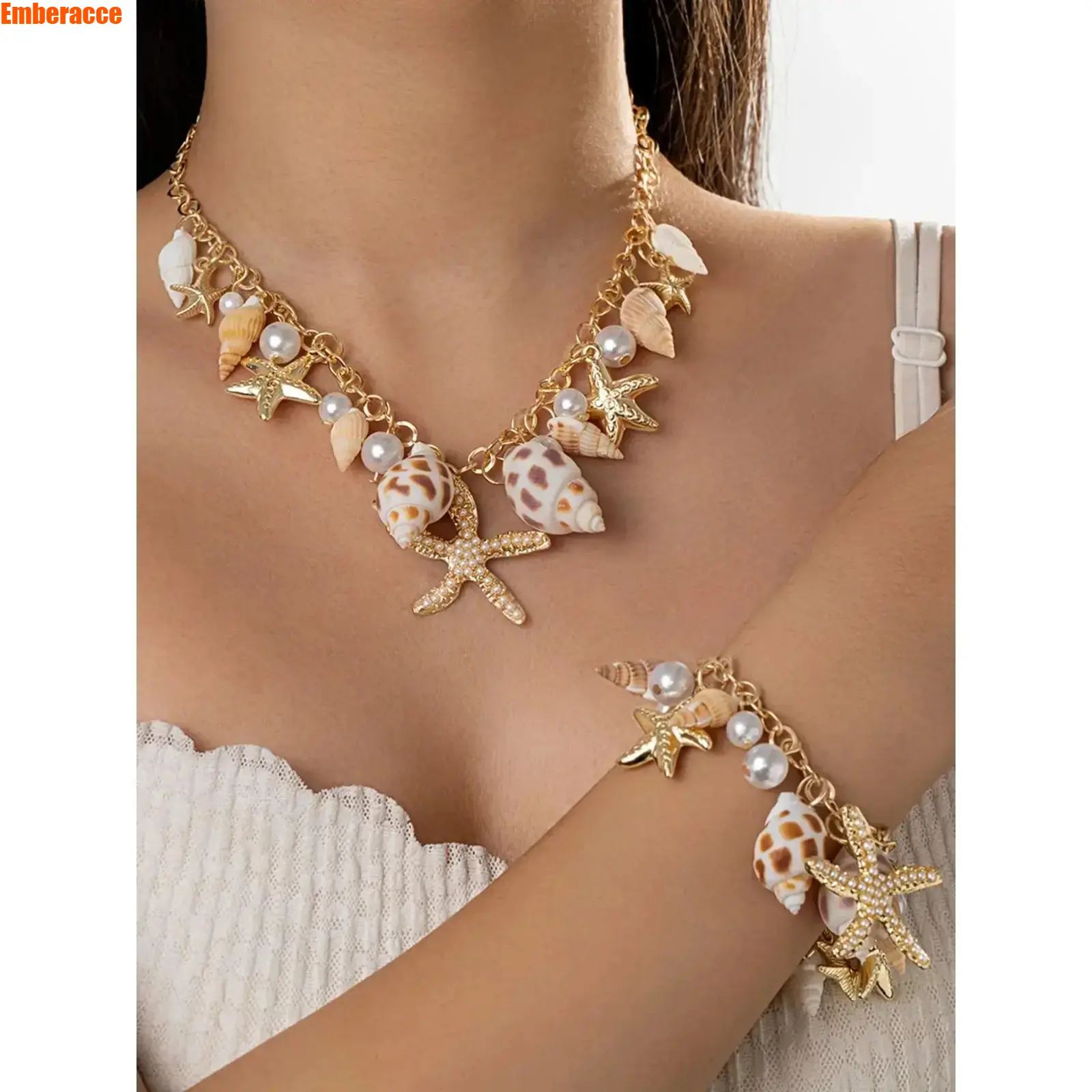 Nautical Pearl Jewelry Set for Women, Coastal Starfish Seashell Bracelet and Necklace 2 Piece Set, Ocean Inspired Alloy Jewelry with Synthetic Pearls, Beach Vacation Accessories, Lightweight Daily Wear Gift