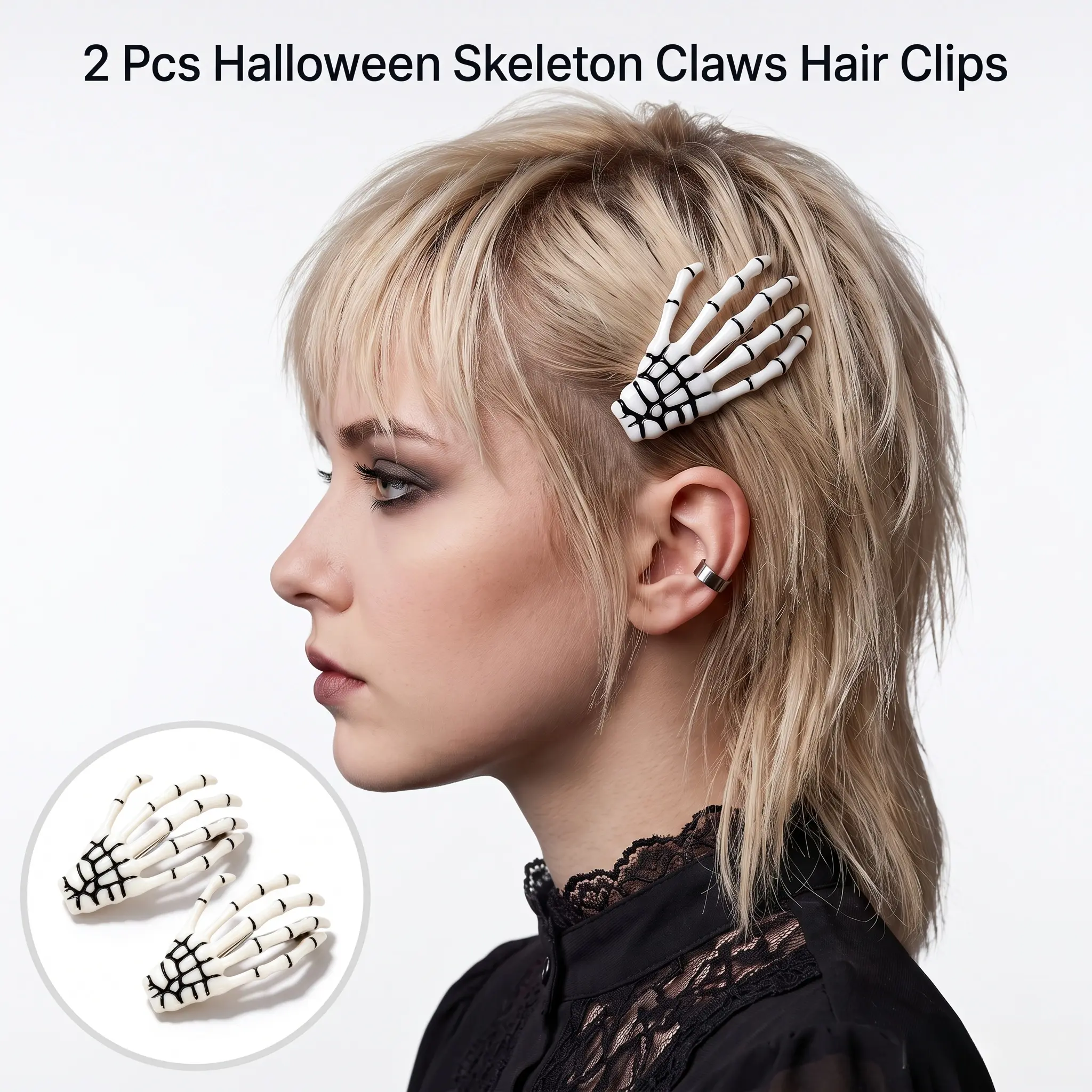 Creative Halloween Skeleton Claws Hair Clips, 2pcs Skull Hair Clip Bone Skeleton Hair Clips, Fashion Party Cosplay, Costume Decoration Cute Accessories for Women & Girls-YY1