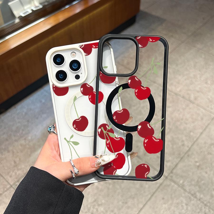 Phone case for iPhone 16 Pro Max 15 Plus 14 13 12 11 XS Max XR X Cherry Pattern Non-Yellowing Transparent Anti-Scratch Shockproof Pocket-Friendly Durable MagSafe Case with Charging Cellphone Cover Gift