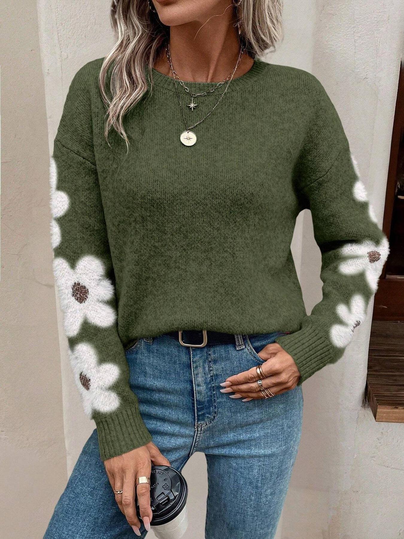 Women's New Loose Round-Neck Floral Pattern Long-Sleeve Pullover Sweater for Autumn and Winter, Elegant Casual Knitwear