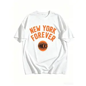 Classic Unisex Casual Short Sleeve Top with Retro New York Basketball Artwork, Eye-Catching Orange & Blue Sports Pattern, Ideal Game Day Fan Apparel