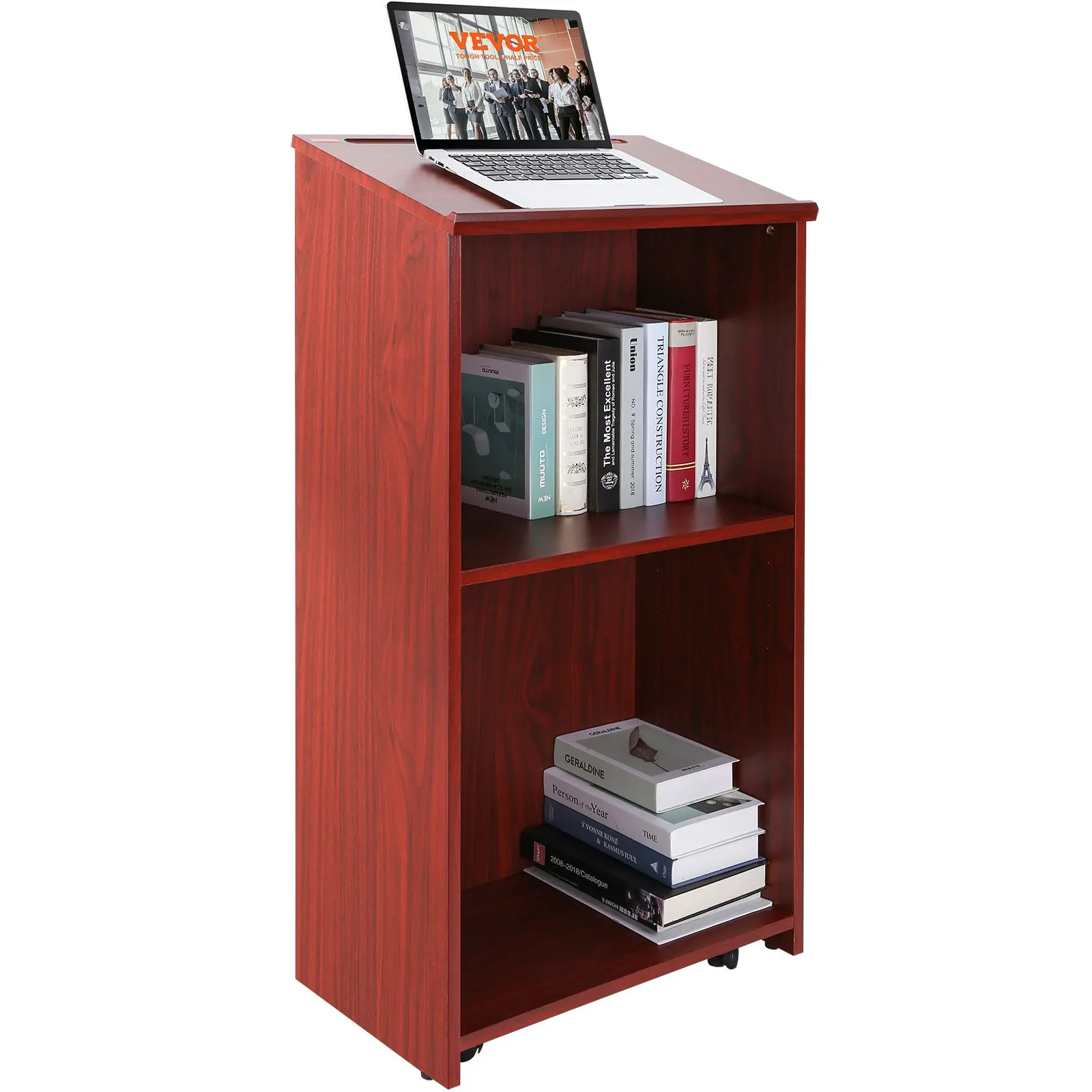 【DealsForYouDays】VEVOR Podium Stand, 47 inch Hostess Stand with 4 Rolling Wheels, Wood Podium with Storage Shelves and Slant Desktop, Lecterns Podiums for Home, Office, School, Church, Brown