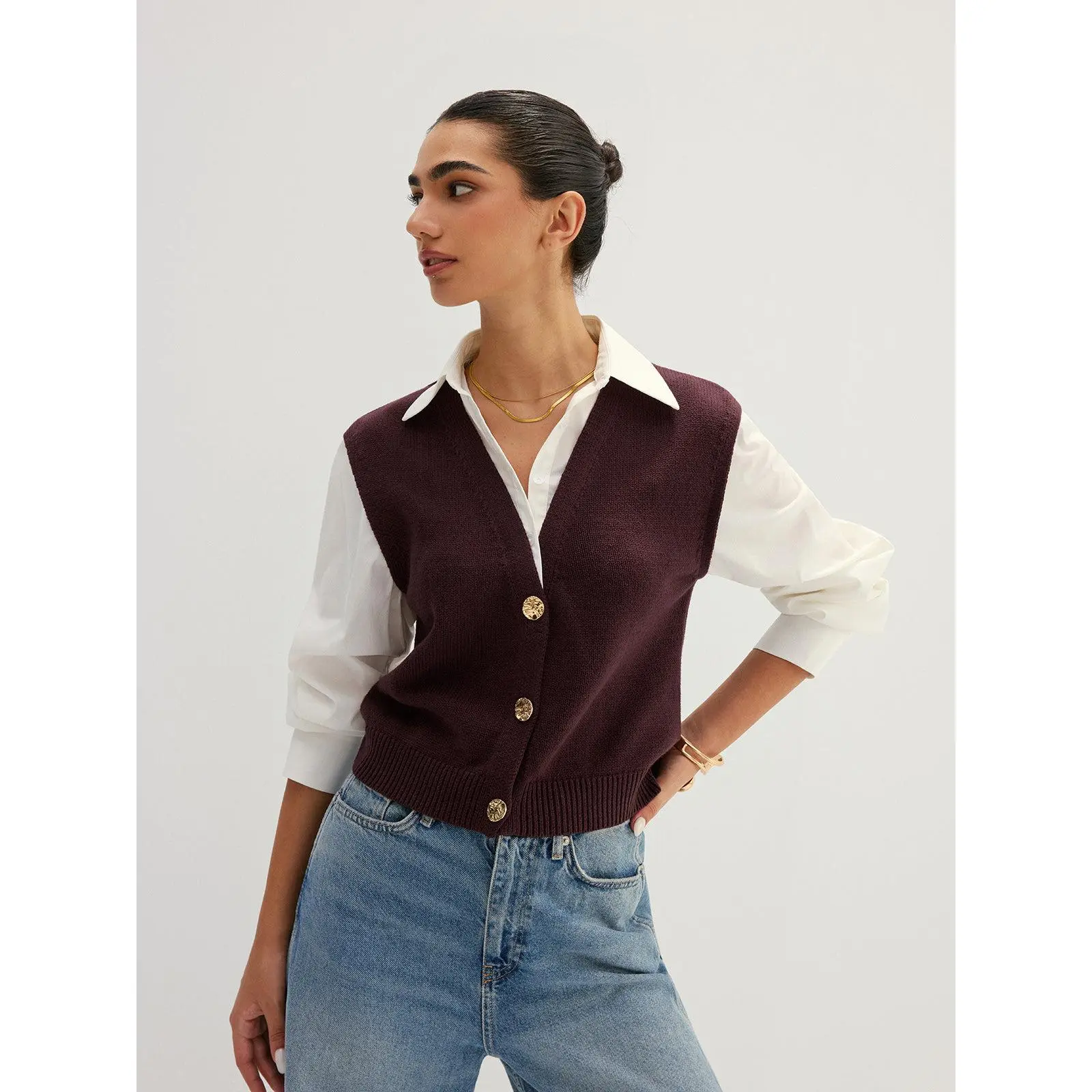 Women's Layered Look Knit Top, Brown Button Front Vest Style Top #sohochic