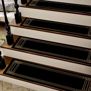 6/8/15pcs Luxury Black Gold Geometric Border Diatom Mud Stair Treads, Super Absorbent Non Slip Carpet Mats for Wood Steps, Quick Drying Moisture Wicking Stair Runners, Anti Slip Washable Rugs for Dogs Kids Elderly