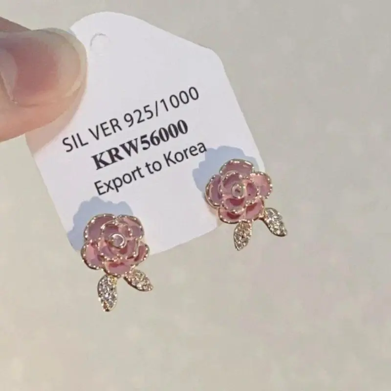 Korea Pink Flower Stud Earrings for Women Fashion Charming 925 Silver Needle Sweet Girls Earrings Statement Wedding Jewelry 2025