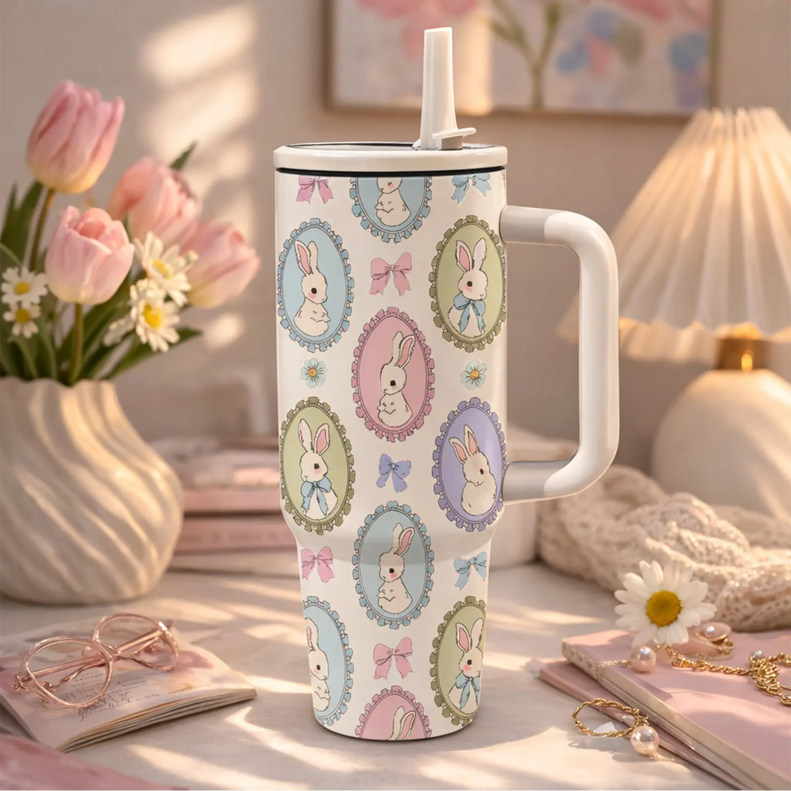 1pc 40oz Stainless Steel Tumbler with Handle and Straw, Pink Leopard Bunny Easter Design, Insulated Thermal Cup for Hot and Cold Drinks, Cute Travel Mug for Coffee Ice Drinks, Spring Easter Gift for Women Girls, Reusable Large Capacity Cup for Daily Use