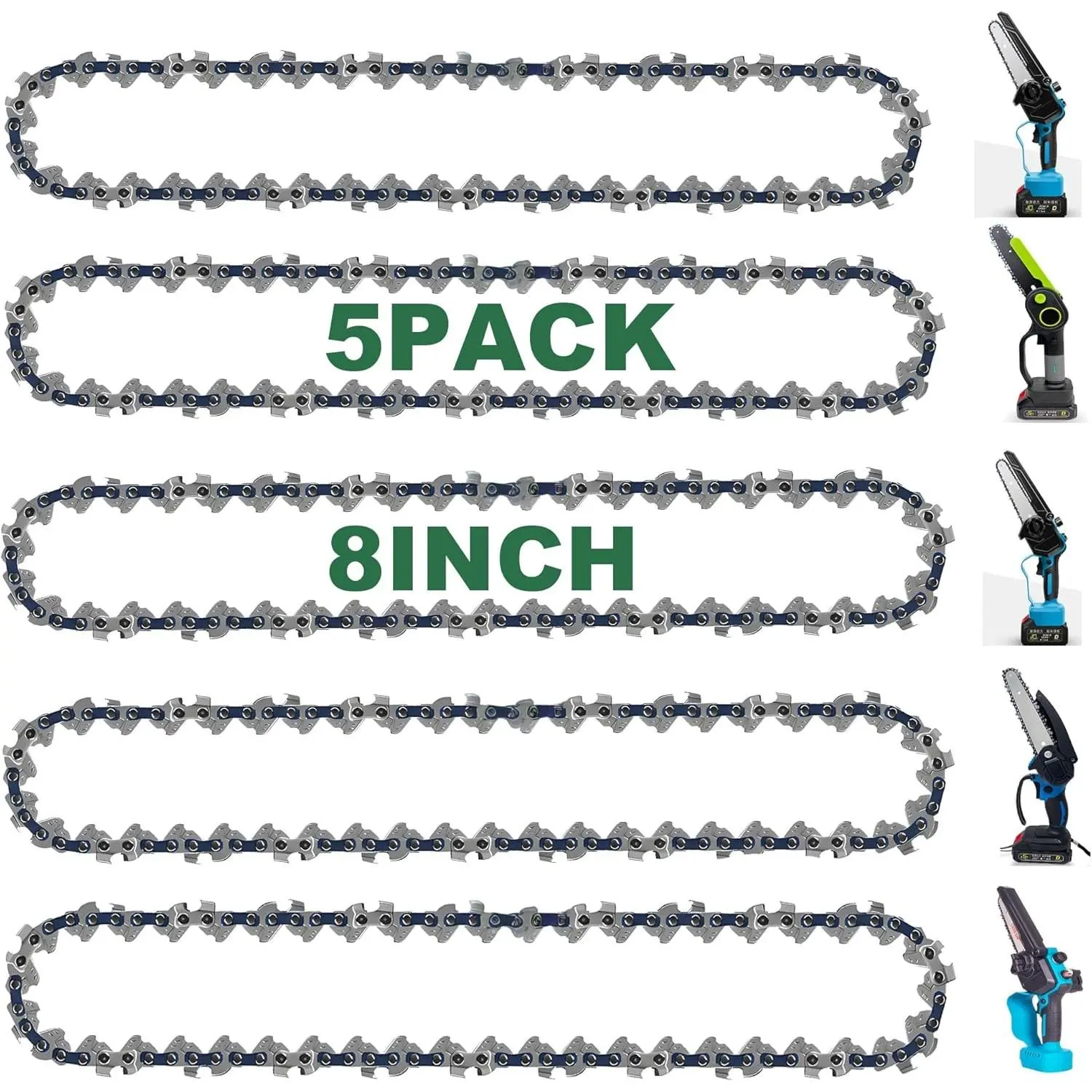 8 Inch Chainsaw Chain Replacement- 5 Chains for 8 Inch Mini Chainsaw with 45 Drive Links, 1/4" LP pitch, 043'' gauge, Compatible with Cordless Electric Battery Powered Mini Chainsaws