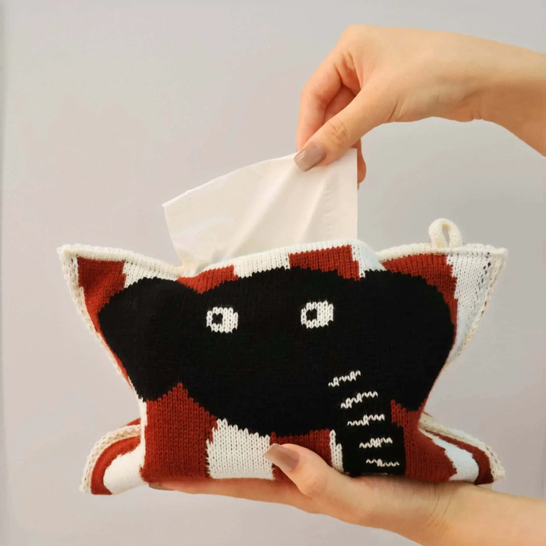 Cute Elephant Red Tissue Box Cover | Knitted Fabric Organizer Bag for Tissues, Cosmetics & Small Items, Cozy Home Decor for Bedroom, Bathroom, Car & Dining Room
