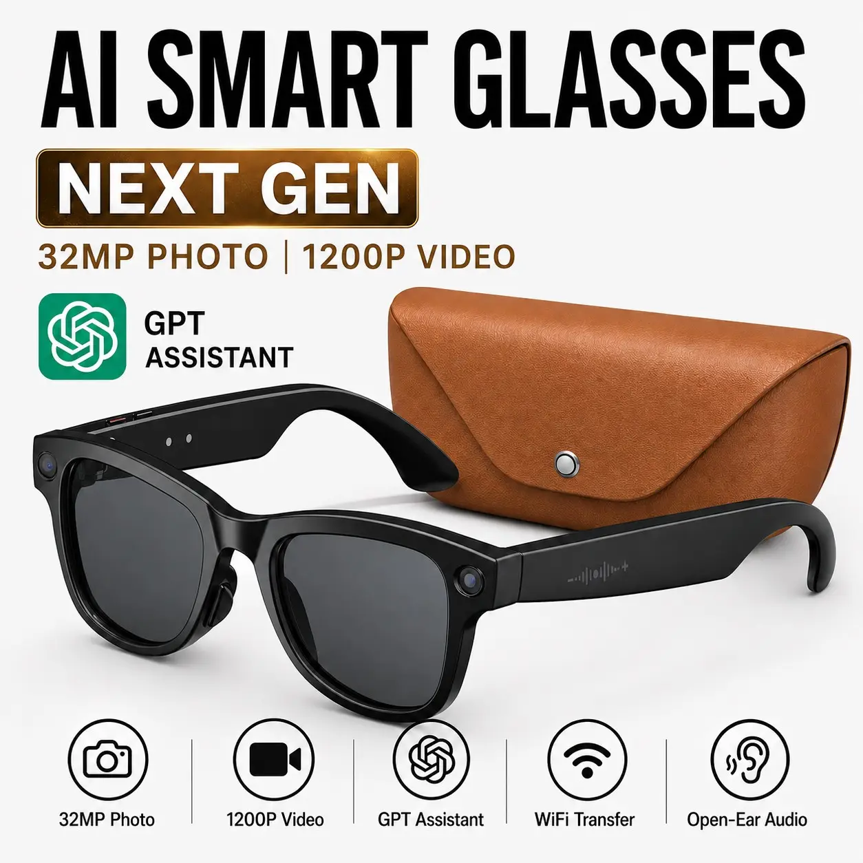 Men & Women Universal M02X Pro Max Smart Audio Glasses, 32MP photo 1200K Vlog Video Recording, 3 Detachable Lenses Kit, Qwen ChatGPT Voice Wake-Up Assistant & Real-Time AI Translation Leather Fast Charging Case, 290mAh Light Frame Battery, IP65