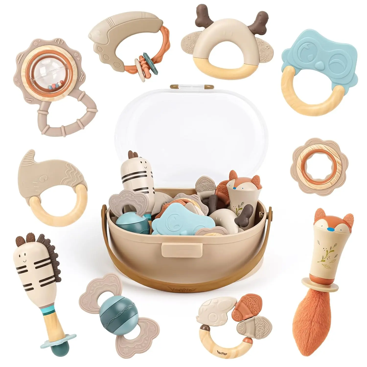 Baby Rattles & Teethers Set – Baby Toys 0-6 Months, Teething Toys 3-6 Months, Sensory Toys with Soft Textures, Gentle Sounds & Easy-Grip Shape, Neutral Newborn Gift(10-Pack) New model