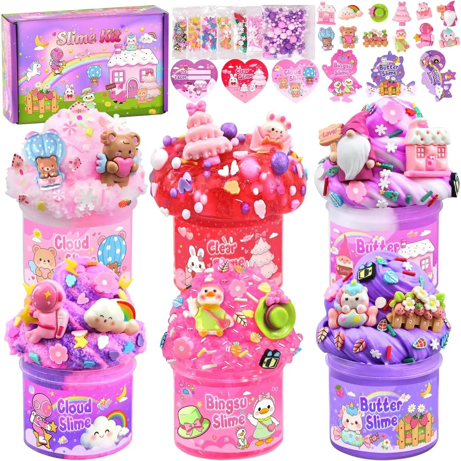 6 Pack Pink Slimes, Clear Butter Cloud Slime Kit for Girls Ages 8-12, Non-Stick Kids Slime Party Favors Toys with Cute Add-Ins, Birthday Goodie Bag Stuffers Easter Valentines Day Gifts for Kids