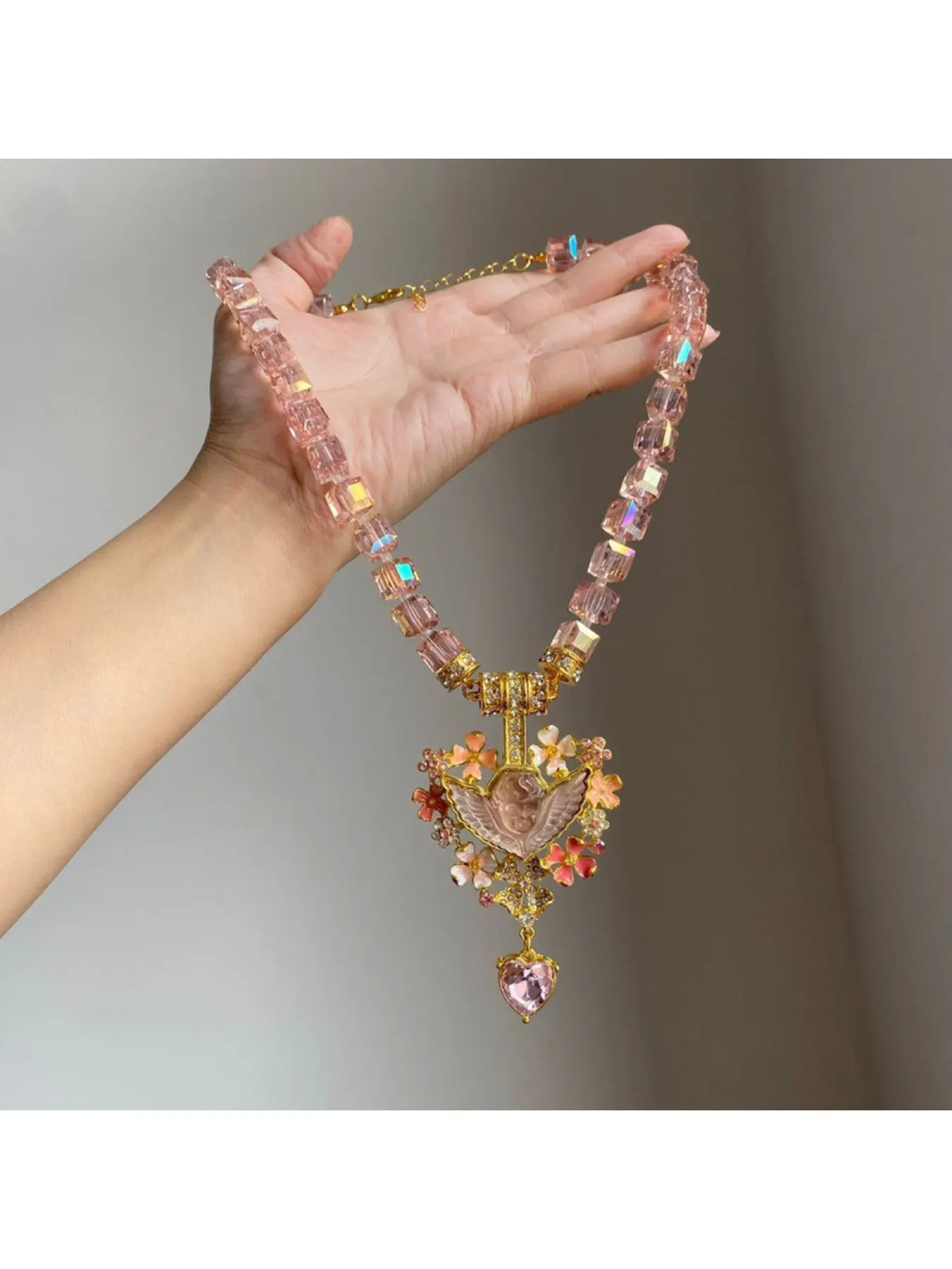 Vintage Pink Angel Pendant Necklace - Beaded Crystal Heart Floral Baroque Jewelry for Women vintage necklace, pink necklace, angel necklace, coquette jewelry, baroque necklace, beaded necklace, crystal necklace, heart pendant, angel wings, floral necklace
