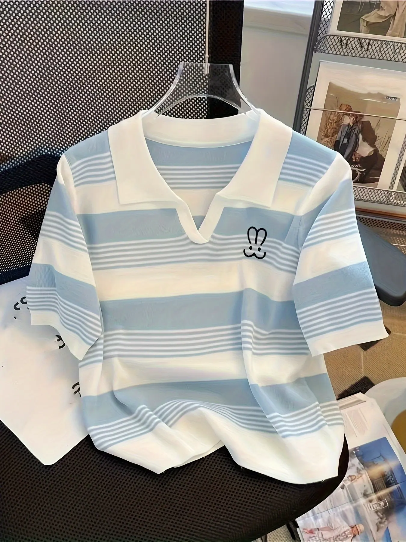 Women's Striped Polo Neck Short Sleeve Knit Top, Spring Summer Casual Wear, Rabbit Embroidery, Campus Commute, Youthful Style, Knitted Polo Shirt