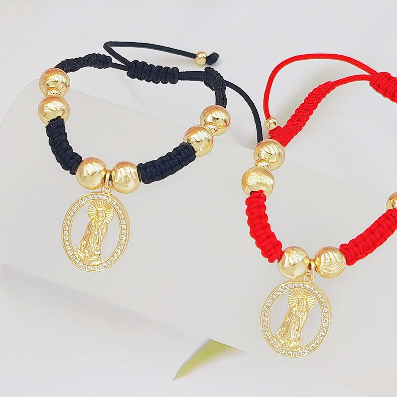 Cubic Zirconia Virgin Mary Red Rope Bracelet, Handmade Braided Adjustable Design with Gold Beads, Religious Inspired Jewelry for Women, Perfect for Daily Wear, Party & Spiritual Gift Giving