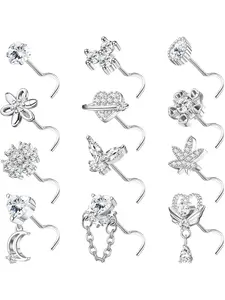 12Pcs 20G Nose Piercing Plug Nose Stud Stainless Steel Stud Silver L S Shape Corkscrew Piercing Nose Nose Stud Ring Nostril Piercing For Women Men