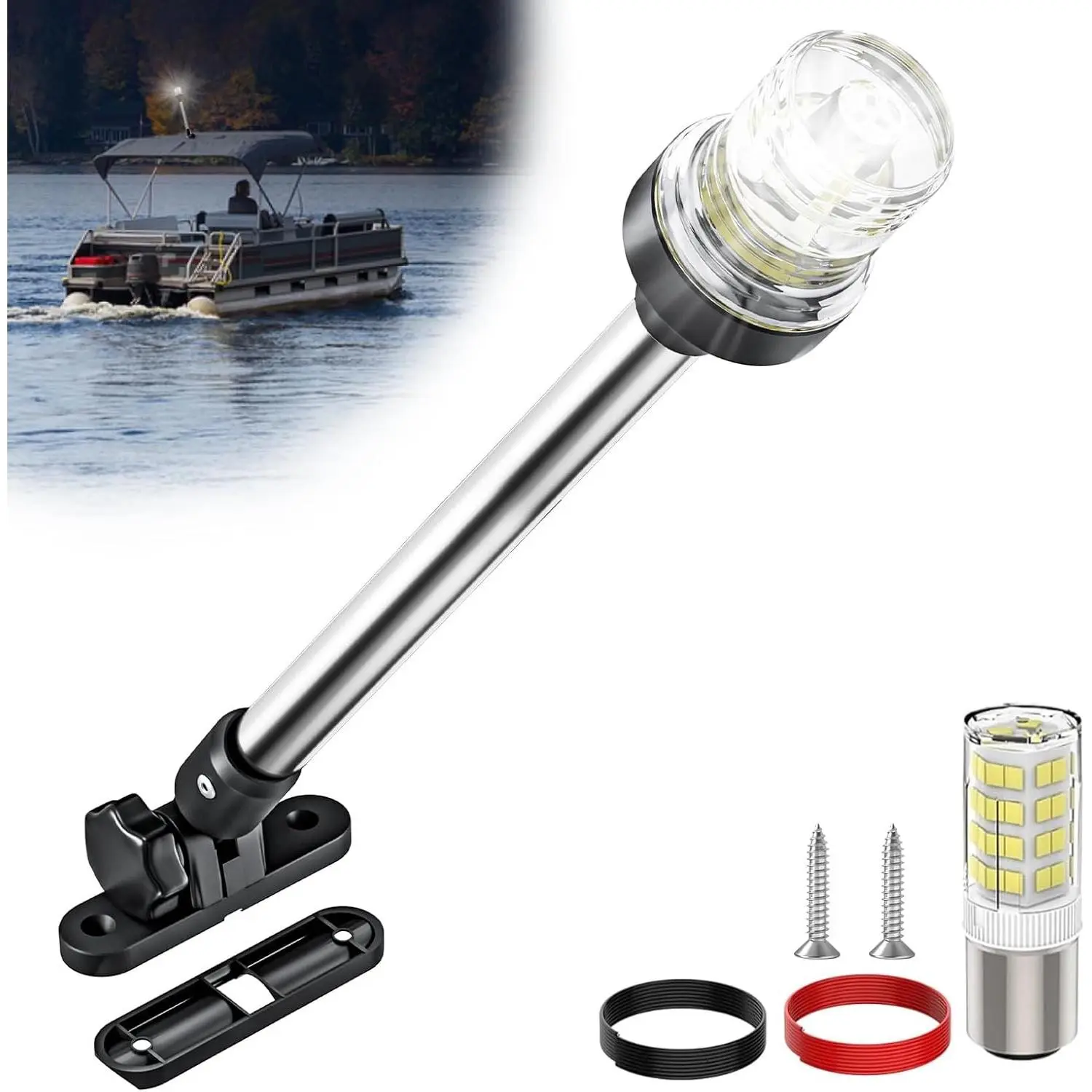 12-Inch Fold-Down White LED Bimini Top Mount Boat Light, Waterproof IP67 Marine Use Navigation Anchor Stern Rear Running Lighting for Pontoon Boat