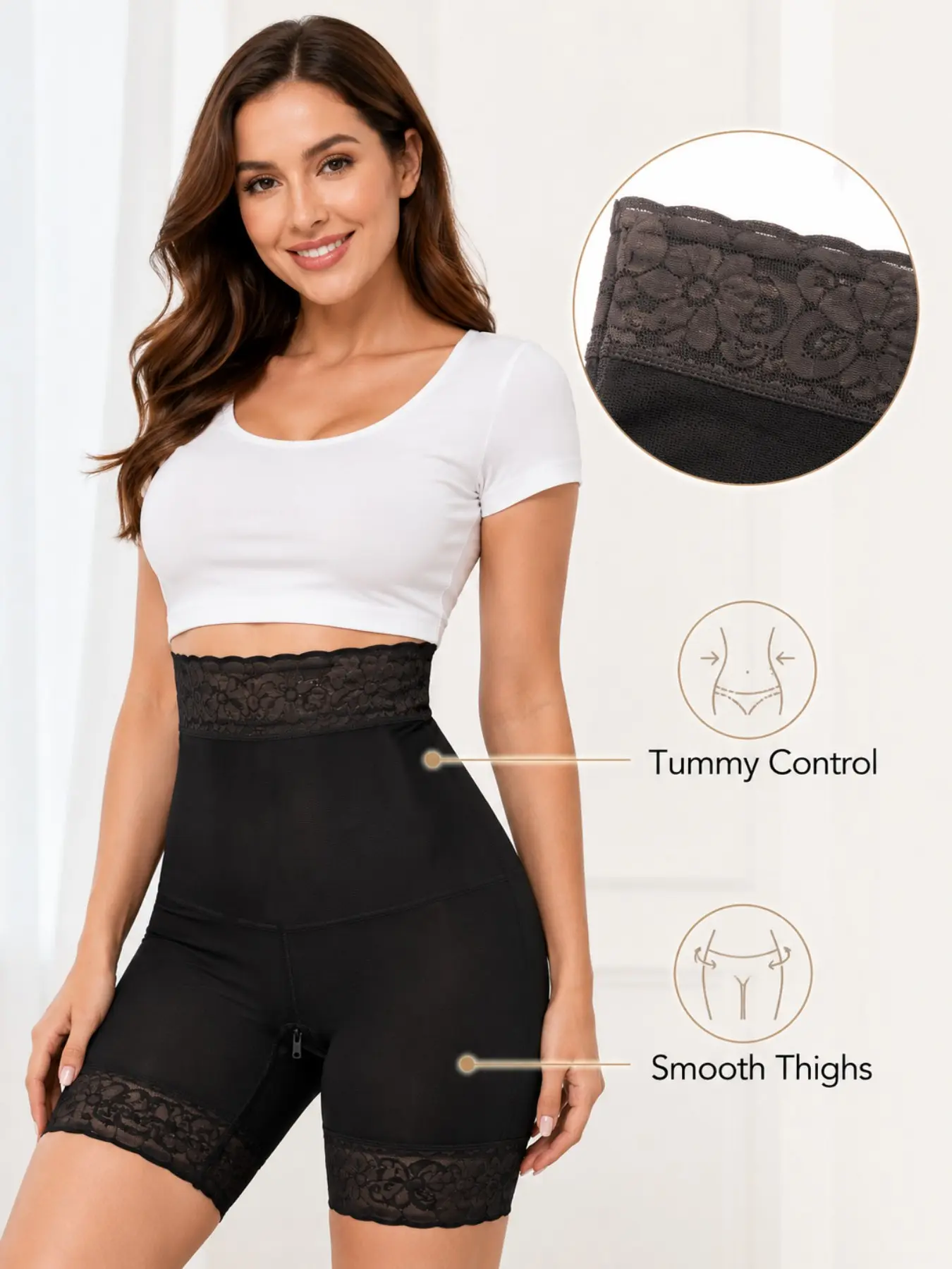 Women's High-Waisted Shapewear Shorts, Tummy Control Butt Lifting, Zipper Design, Seamless Compression, Smooth, Lace Trim, Casual Wear, Training, Sports