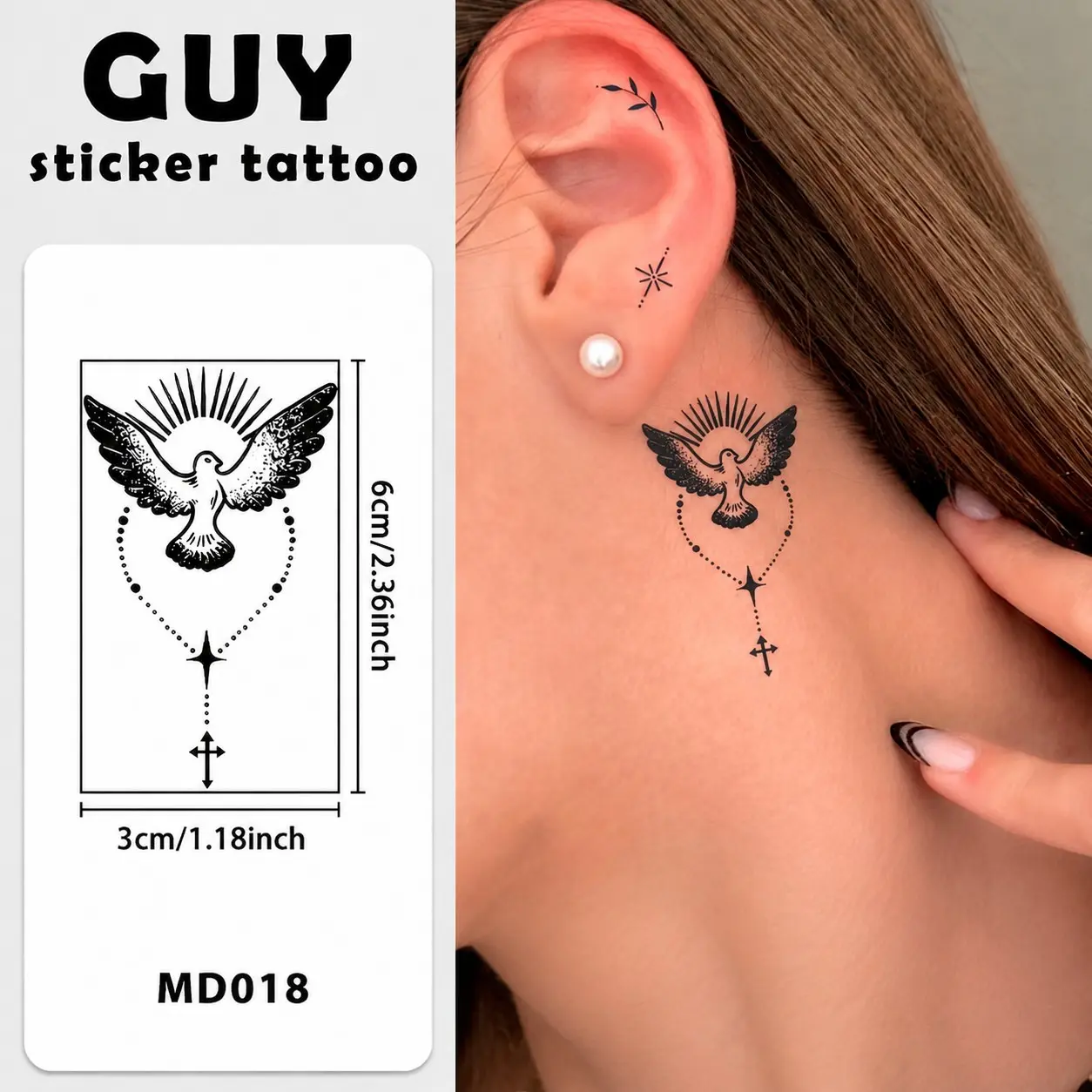 Vintage Sketch Dove Cross Tattoo Sticker, Mini Star Pendant Design, Waterproof Long-Lasting Temporary Tattoo, Elegant and Versatile