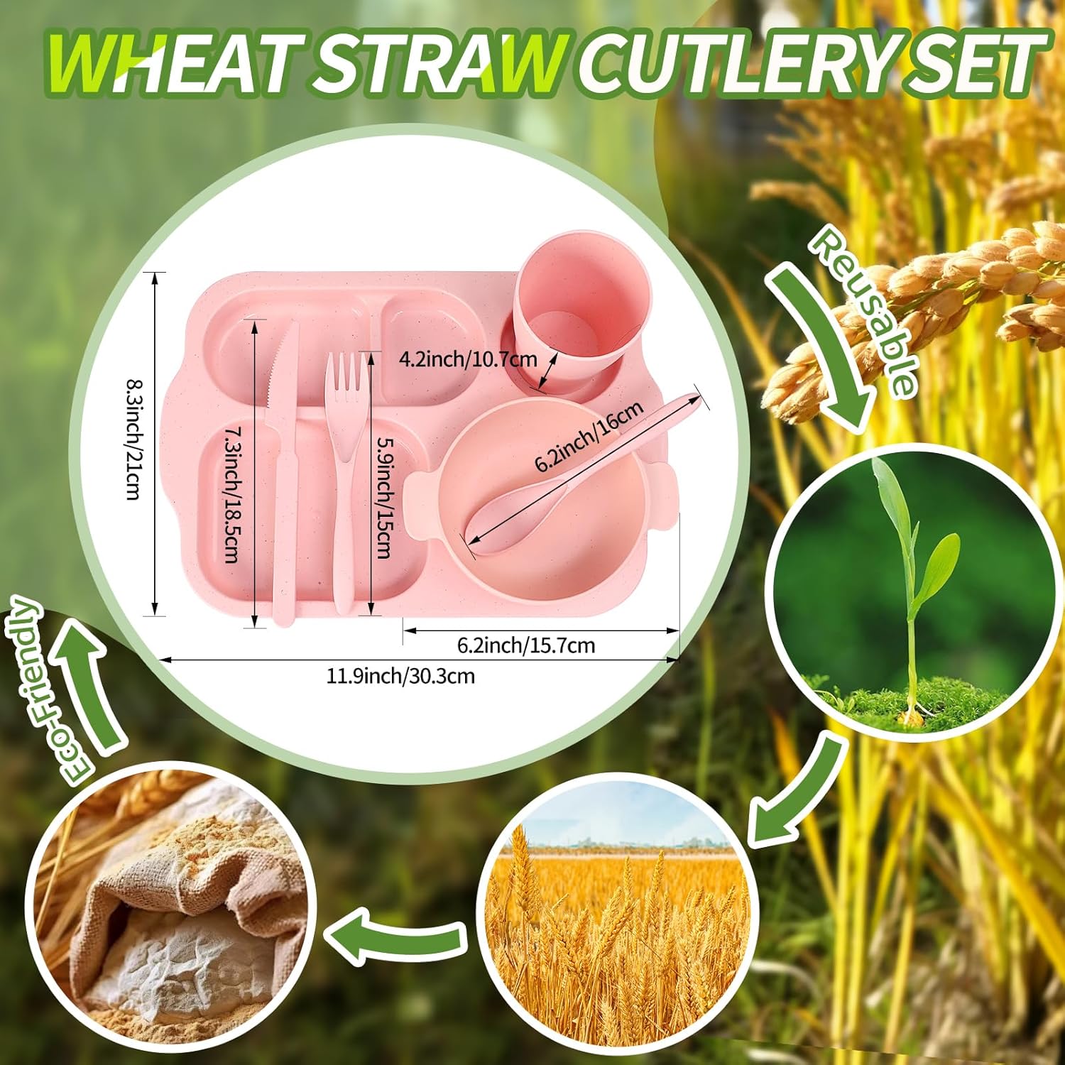 Wheat Straw Cutlery Set, 24pcs/set Including Plate*4 & Bowl*4 & Cup*4 & Cutlery*4 Sets, Reusable Wheat Straw Tableware Set, Dinnerware Service Set for Home School Restaurant