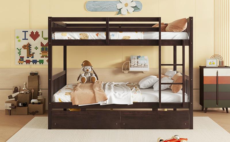 full Over full Rubber Wood Bunk Bed with 2 Drawers, Convertible into 2 full Beds, full Size Bunk Bed with Ladder and Safety Guardrails ,Espresso