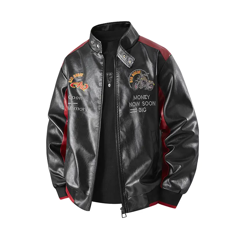Men's PU Leather Jacket Stand Collar Motorcycle Biker Graphic Letter Embroidery Racing Bomber Coat Colorblock Casual Outerwear Streetwear Male Fashion Clothing cozy soft cool chic active sporty casual premium classic stylish durable relaxed bomber jacket