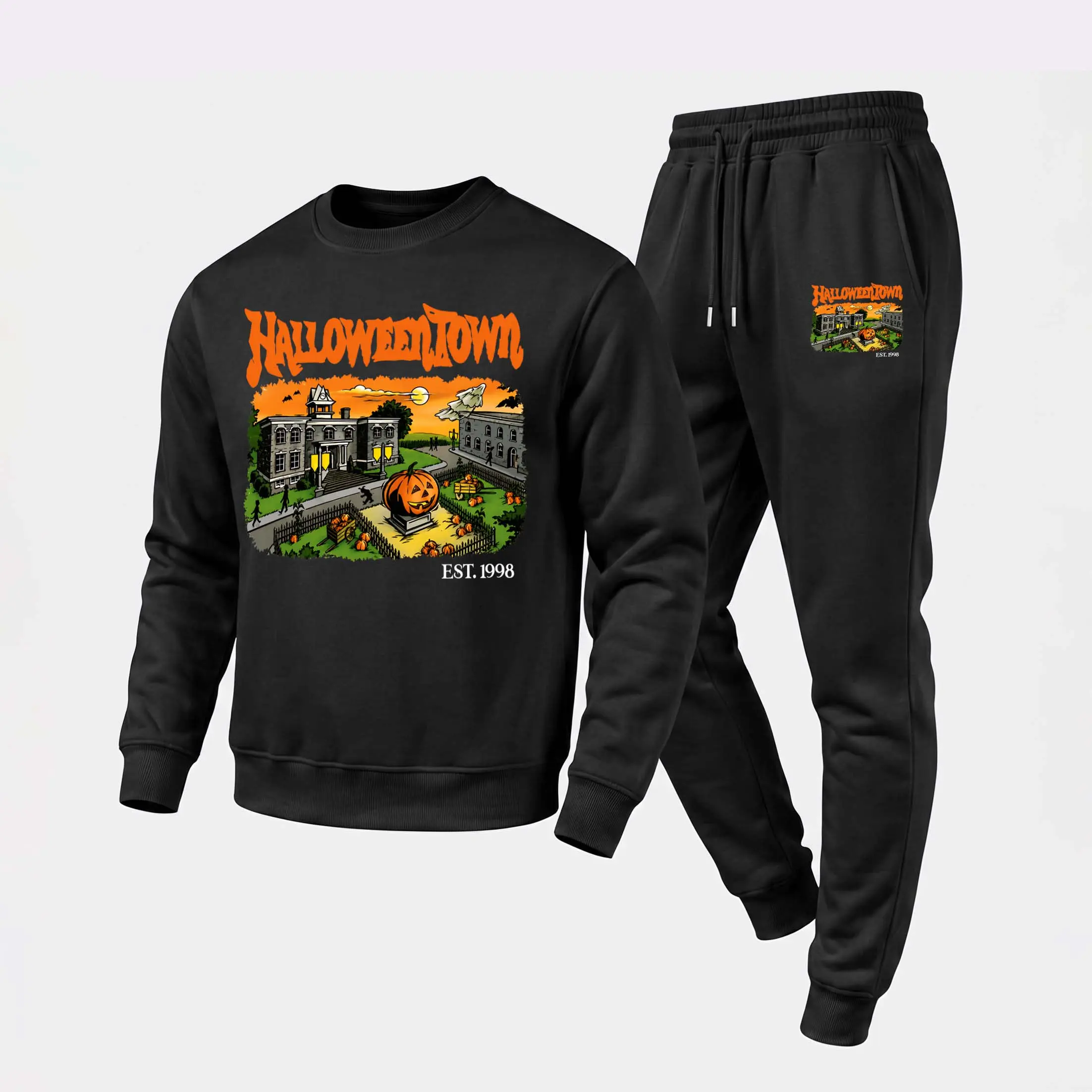 Men's Halloweentown Est. 1998 Graphic Crewneck Sweatshirt and Jogger Pants Set, Casual Long Sleeve Pullover with Drawstring Sweatpants, Fall Winter Tracksuit for Daily Wear, Travel, Lounge, Workout and Indoor Outdoor Activities