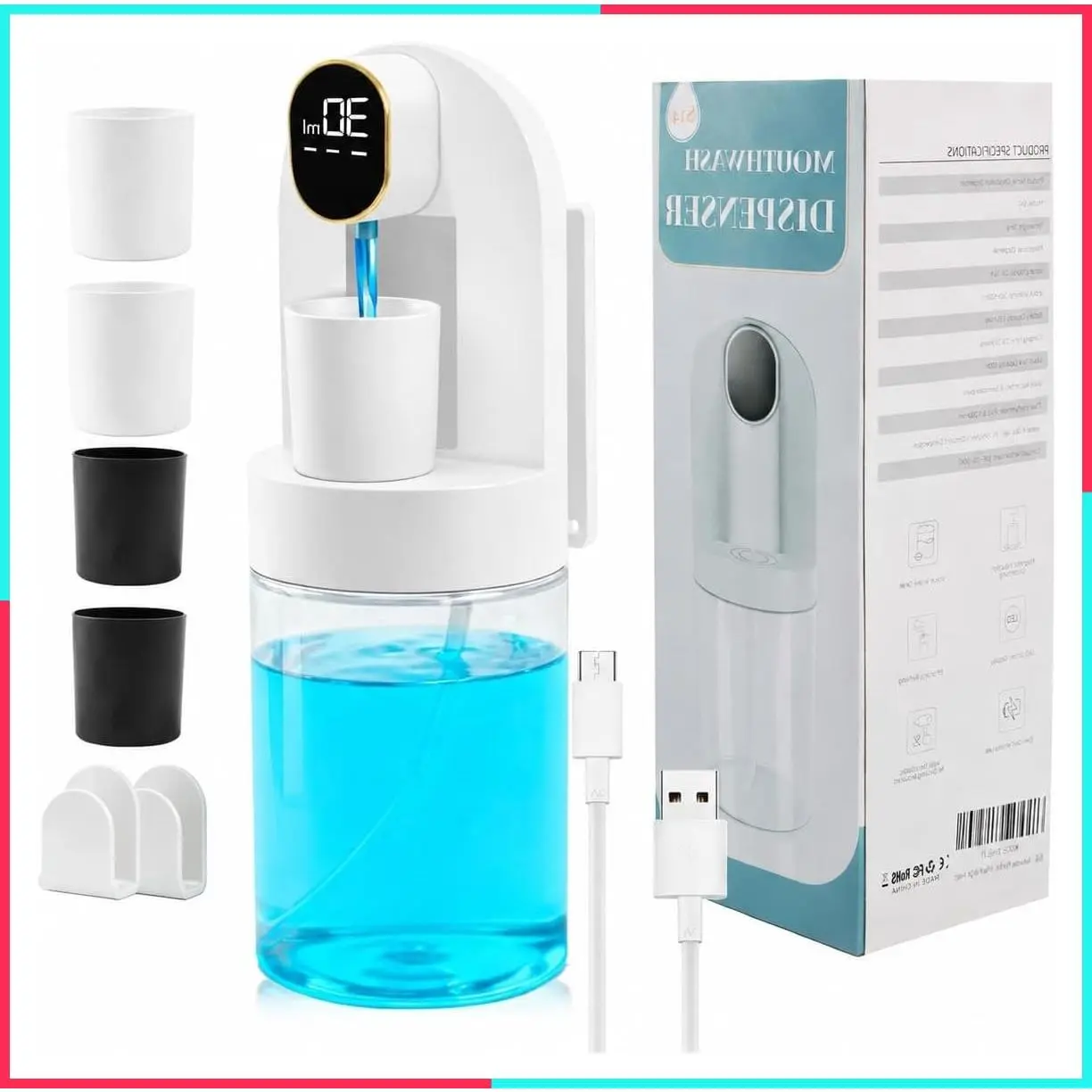 Automatic Touchless Wall Mounted Mouthwash Dispenser for Bathroom, 20.29 oz Electric Mouth Wash Dispenser with 4 Modes and 4 Magnetic Cups for Kids & Adults, Bathroom Accessories Set