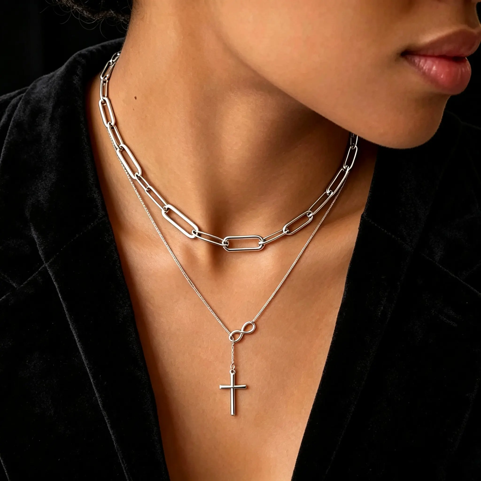 Unisex 2-Piece Stainless Steel Chain & Link Necklaces Set - Cross Clip, Paperclip Styles with Pendant, Metal Coating, Long Length, Simple Summer Fashion for Daily Wear, Gifting