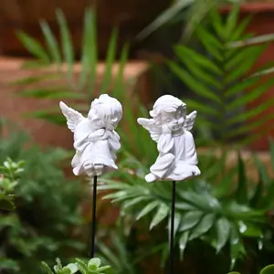 Set of 2 Decorative Angel Garden Stakes, Small Angel Fairy Garden Angel Ornaments, Cherub Angel Memorial Statue Flower Pot Decorations - Angels